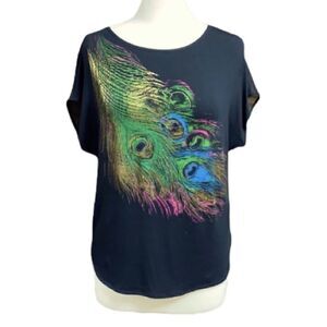 Bebe Black Peacock Feather Short Sleeve Top